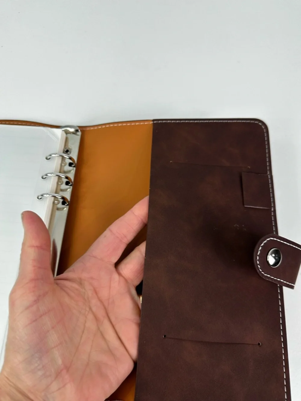 A5 Six Ring Soft Brown Coffee Colored Snap Closure Binder With Clear Pouches